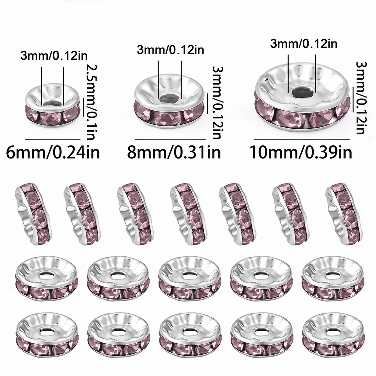 6/8/10mm 20/30/50Pcs Metal Rhinestone Crystal Rondelles Bead Loose Spacer Beads for DIY Jewelry Making Bracelet Accessories