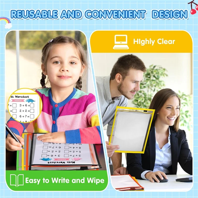 A42Z-28Piece Work Note Holder Reusable Note Holder Pocket Plastic File Bag Dry Erase Sleeve For Teacher Office Organization