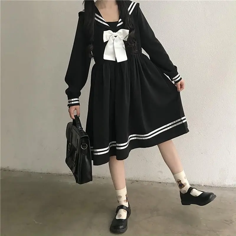 Preppy Style Korean Loose Long Sleeve Spring Autumn New Sailor Collar Bow Sweet Age Reduction Solid Color Vintage Dress Female