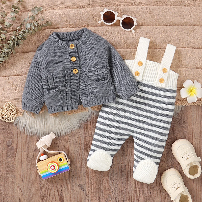 

Комплекты одежды для новорожденных, вязаный свитер для маленьких мальчиков и девочек, комбинезон без рукавов с длинными рукавами, От 0 до 9 месяцев, 2 предмета, детский кардиган, комбинезон в полоску