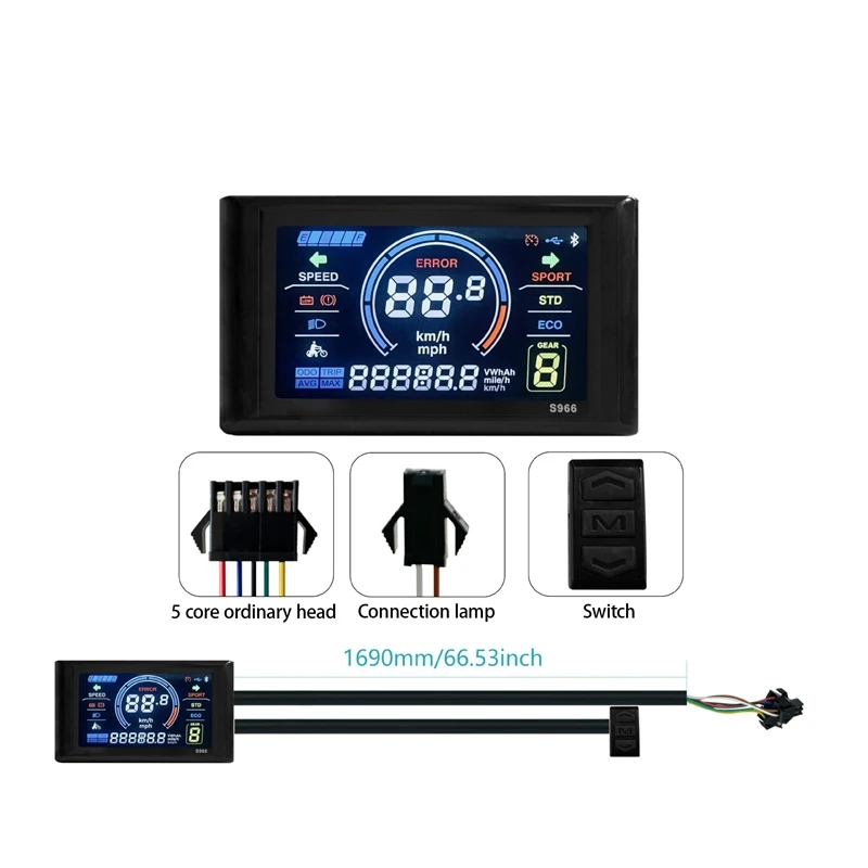 Electric Bike Display 24V-72V Waterproof LCD Display S966 Electric Bike Controller Panel Dashboard,SM Connector Easy Install