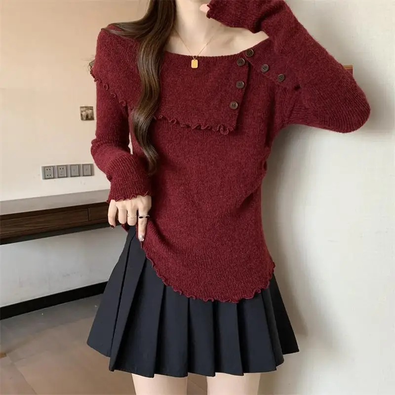 Elegante Slash Neck Strick T-Shirt weibliche Kleidung Vintage einfarbig Herbst Winter Mode Knopf schlanke Langarm Pullover