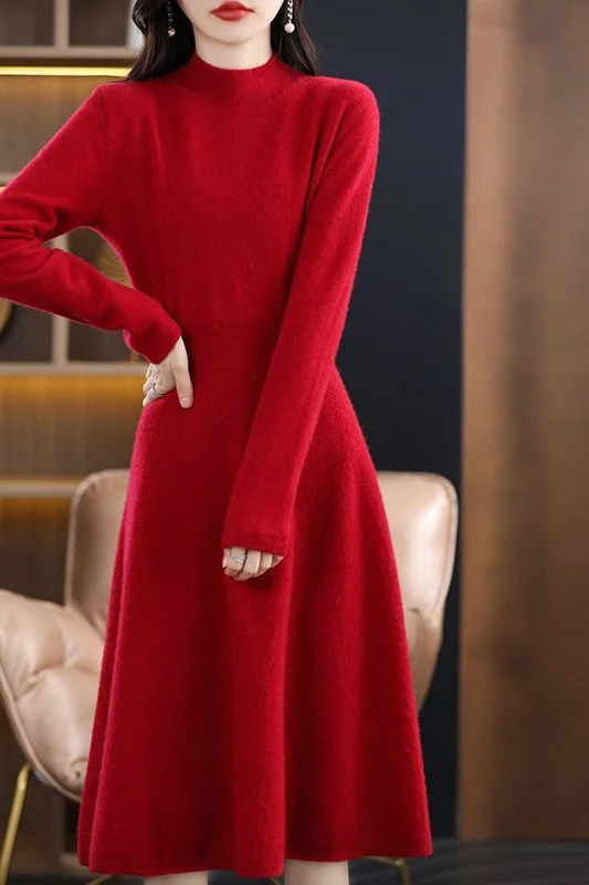 High-waist Dress 100% Pure Wool Pullover Half Length Round Neck 2024 Autumn and Winter A-line Solid Cashmere Sweater Woman LU487