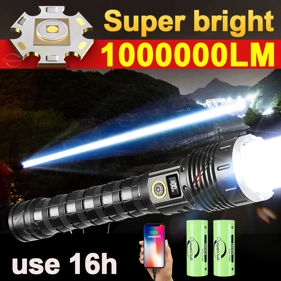 10000mAh High Power Flashlights 1000000LM Ultra Powerful Flashlight 26650 Rechargeable Lantern Tactical Outdoor Camping Torch