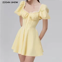 2024 Sweet Yellow Splice Lace Bodycon Corset style Mini Dress Women Cross Lacing up Bandage Back Short Puff Sleeve Party Robe