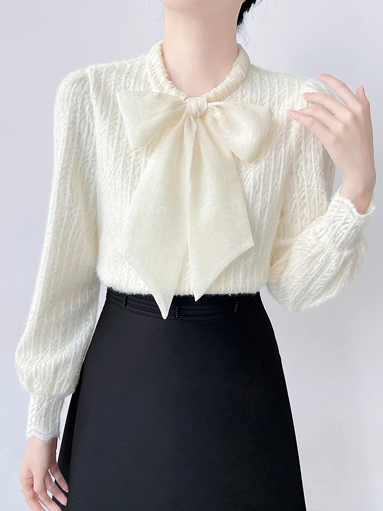 

Korean Sle Fce Lined Long Sve Women's irt Knot Warm Faionable Base Layer Top Lace Detail Casual Wear