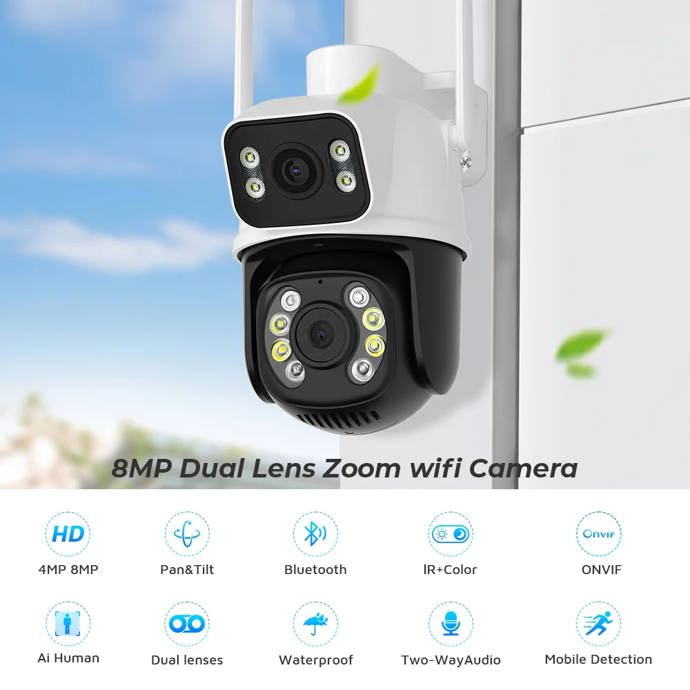 ABUNTU 8MP 4K Ultra HD Wifi Camera Dual Lens WIFI Surveillance Camera Dual Screens Color Night Vision PTZ Security Camera ICSEE