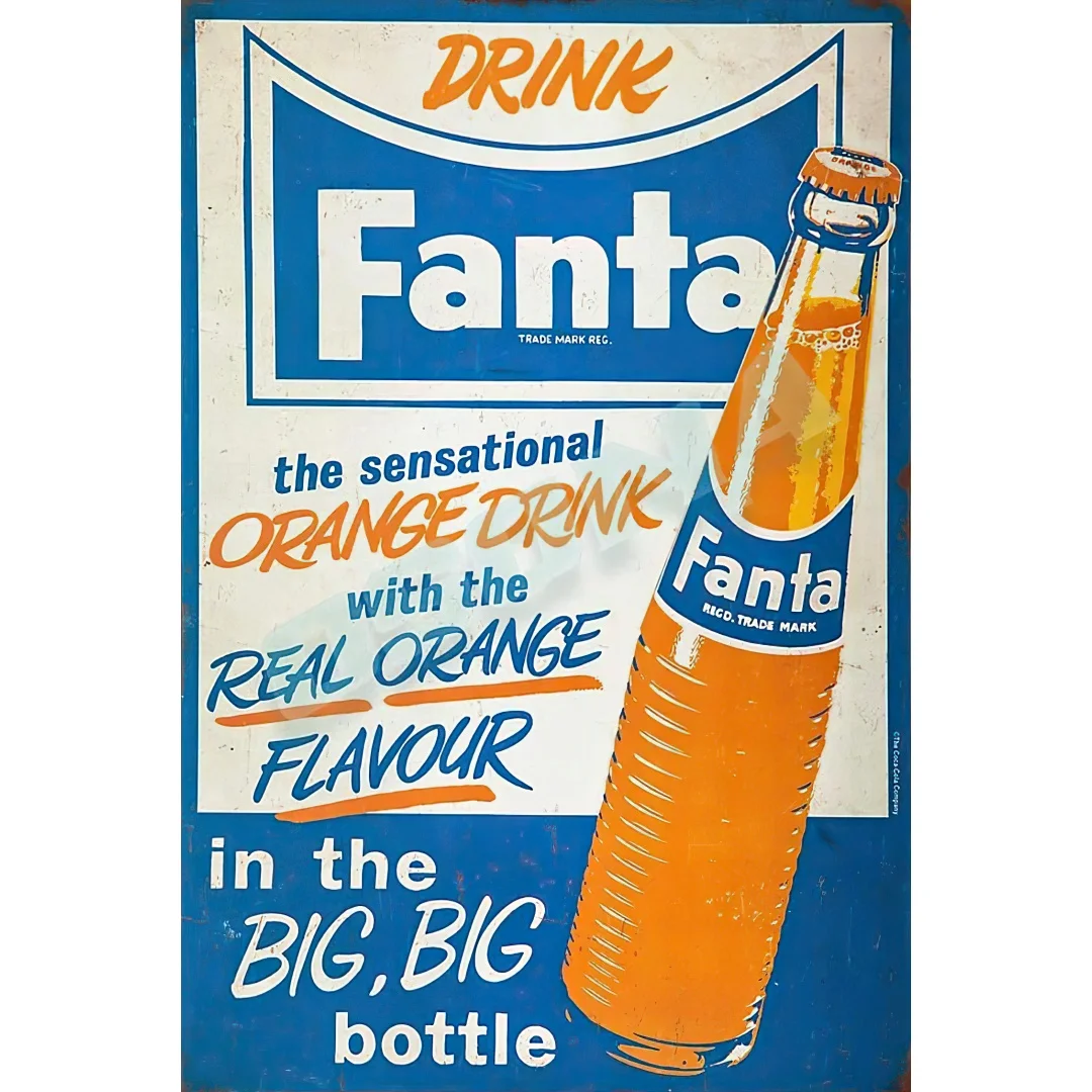Bebida Fanta, bebida naranja, Retro, nostálgico, tradicional, Color óxido, Logo de estaño, publicidad, impresionante decoración de pared, regalo