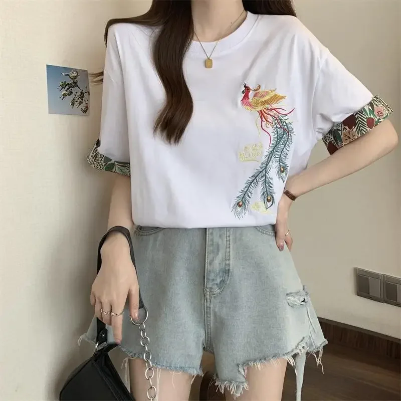 

New Round Neck Fashion Short Sleeve T-shirt Women Vintage Chinese Style Embroidered Pullovers Casual Loose All-match Tops E6558