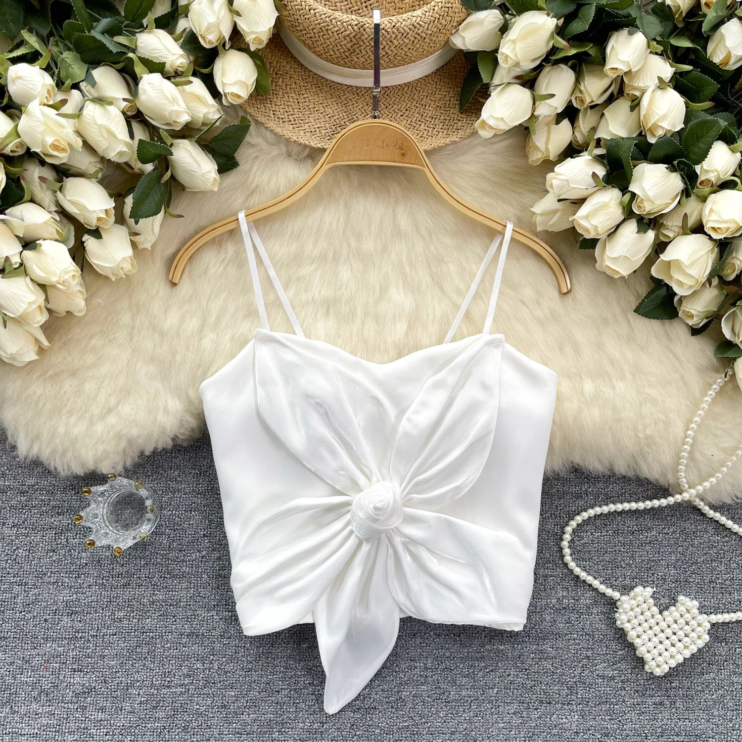 New Chic Vintage sleeveless sweet slim Three-dimensional Flower Tank Top Korean Fashion Summer Beach Women Crop Top