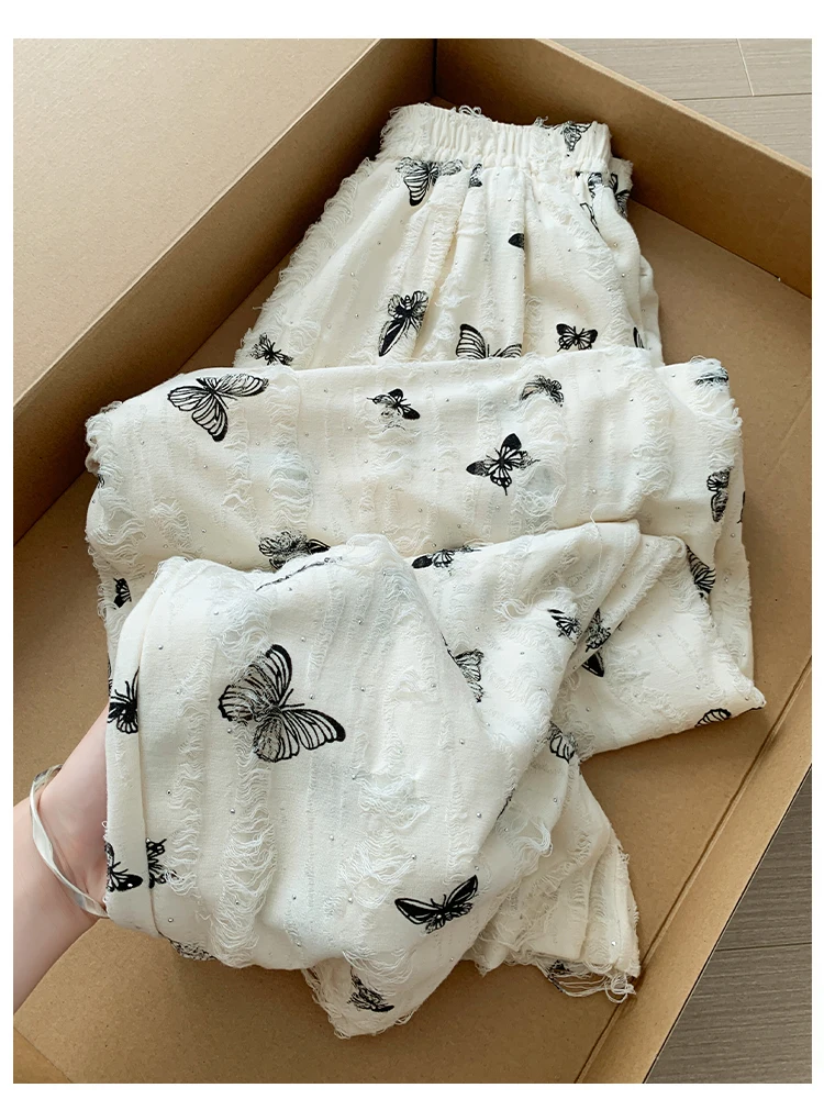 

White Printed Butterfly Ice Silk Trousers Spring Summer New Women's Elastic Waist Casual Ripped Hole Hanging Wide Leg Britches