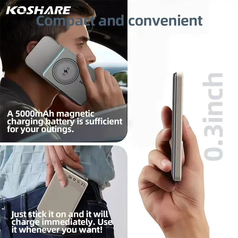 

KOSHARE 5000mAh Slim Portable Power Bank Magnetic Wireless 15W & Wired 22.5W Charging Card-Sized for iPhone Samsung