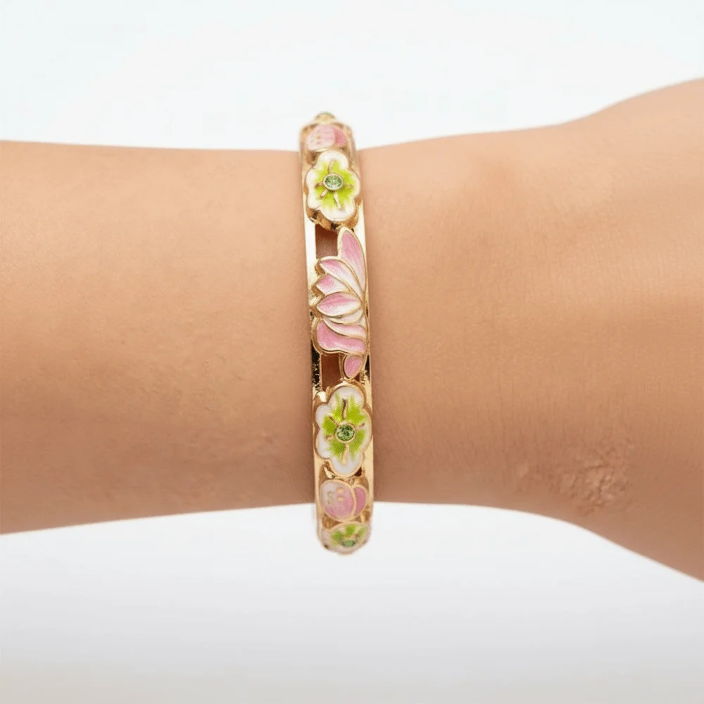 Elegant Enamel Floral Bangle Chinese Style Electroplating Cloisonne Bangle Rich Colors Alloy Hollow Out Bangle Ladies