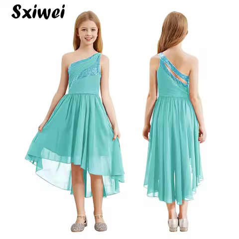 Kids Flower Girls Dress Junior Bridesmaid Asymmetrical One Shoulder Sequin Chiffon Maxi Dress for First Communion Evening Proms
