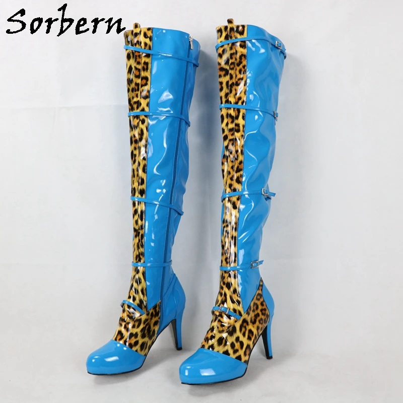 

Sorbern Blue Leopard Kinky Boots Women Mid Thigh High Drag Queen Unisex High Heel Platform Shoes Custom Large Size EU48