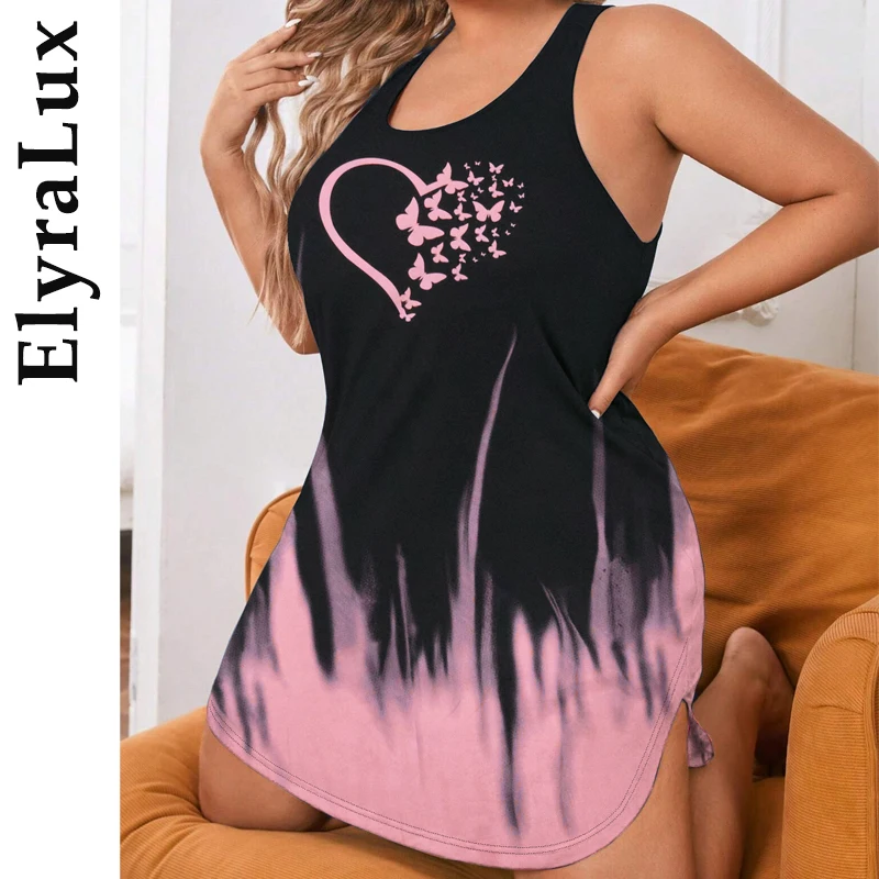 

ElyraLux Women' Pajama Large Size Home Clothing Casual Loose Print Sleeveless Nightgown Vset Style Short Pajama Skirt Plus Size