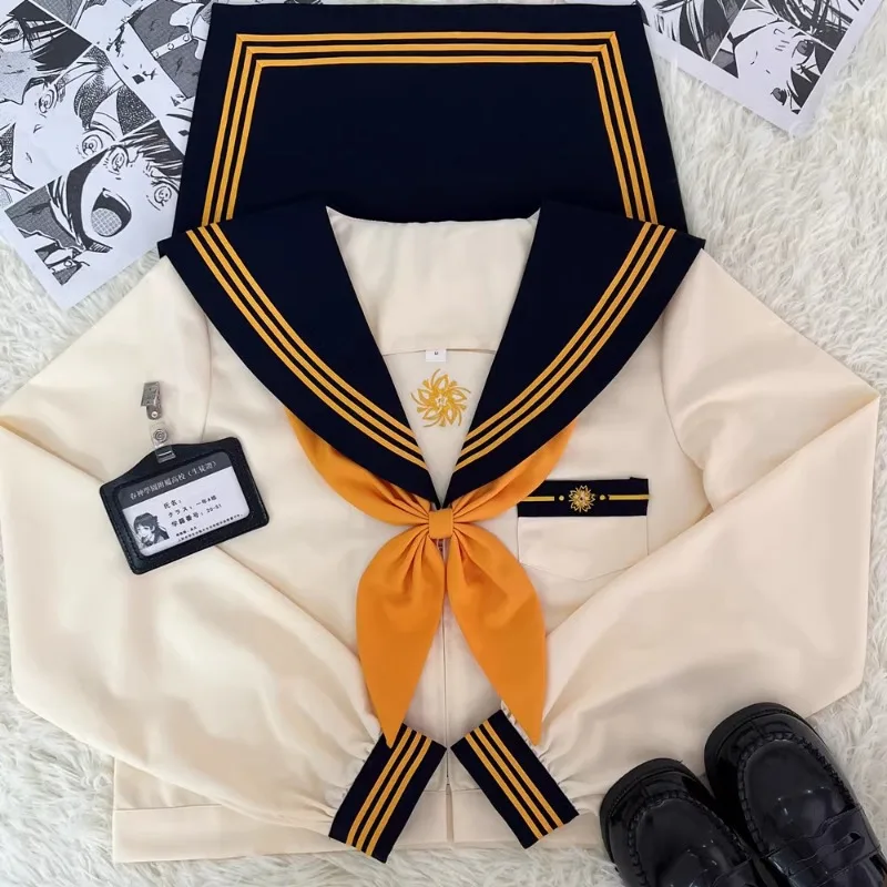 Japanese JK Uniform Sailor Collar Preppy Style Casual Yellow Beige Mixed Color Long Short Sleeves Top Pleated Skirt Set For Girl