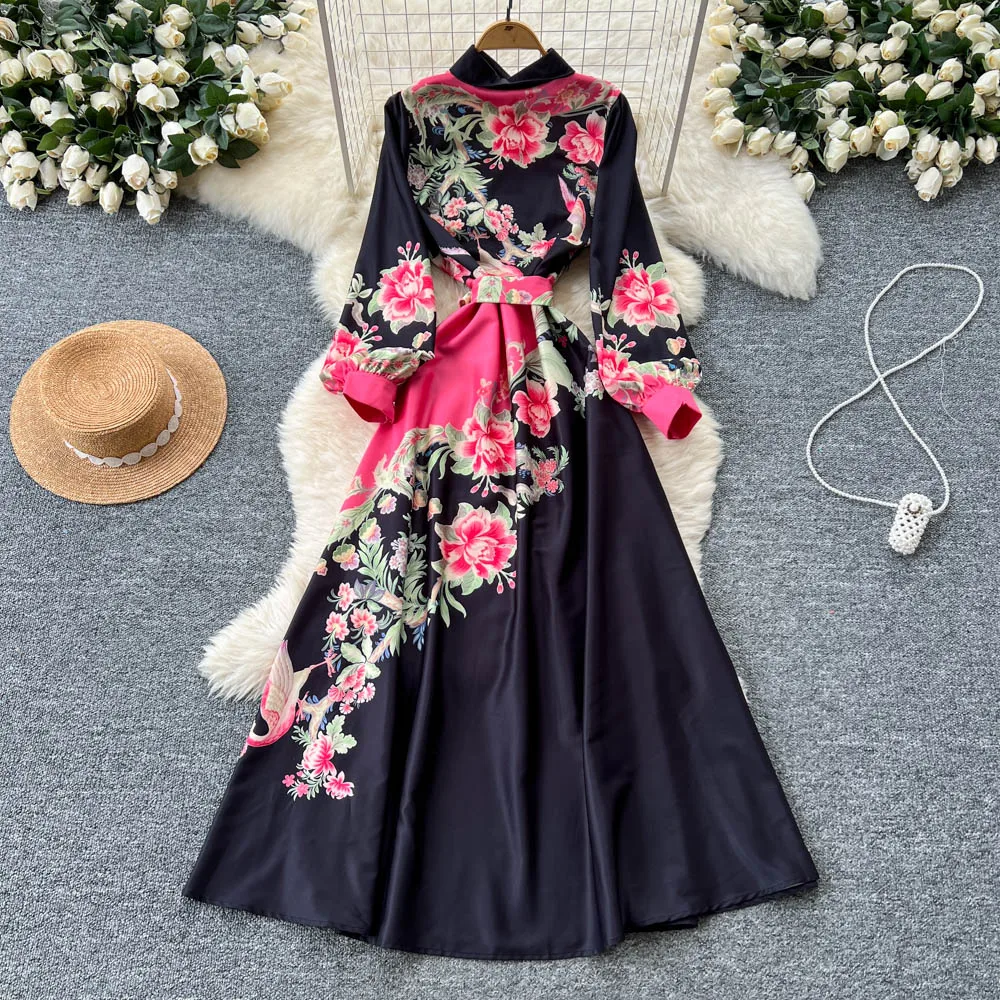 2025 Contrastสีดอกไม้พิมพ์ชุดMaxiยาวผู้หญิงเสื้อเดี่ยวBreasted BANDAGE Sashes VINTAGEวันหยุดVestidos