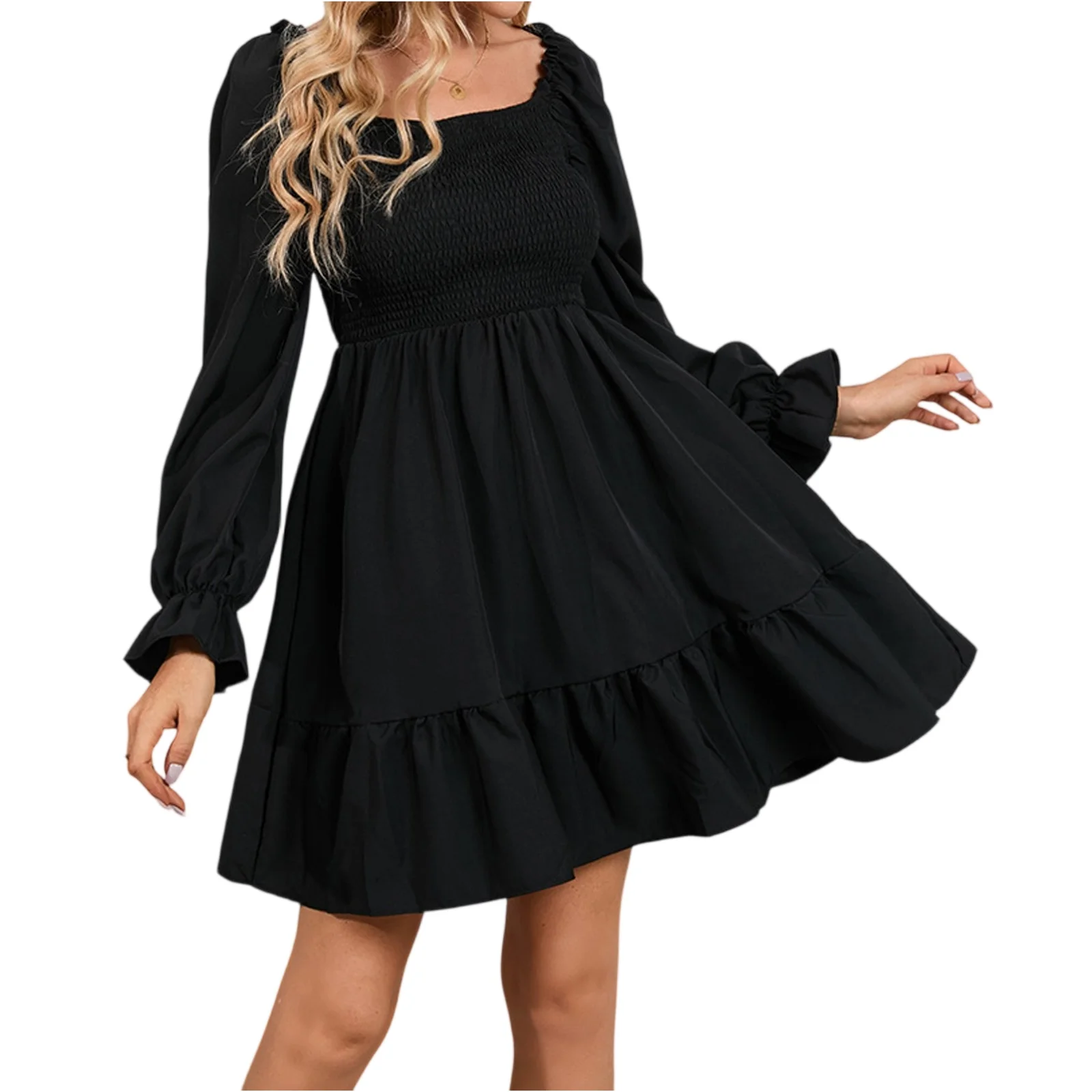 فساتين نسائية كاجوال بسيطة برقبة مربعة بلون سادة وأكمام طويلة فساتين صيفية مكشكشة ربيعية مرقعة بوهو فستان حفلات الكوكتيل مزين بالزهور