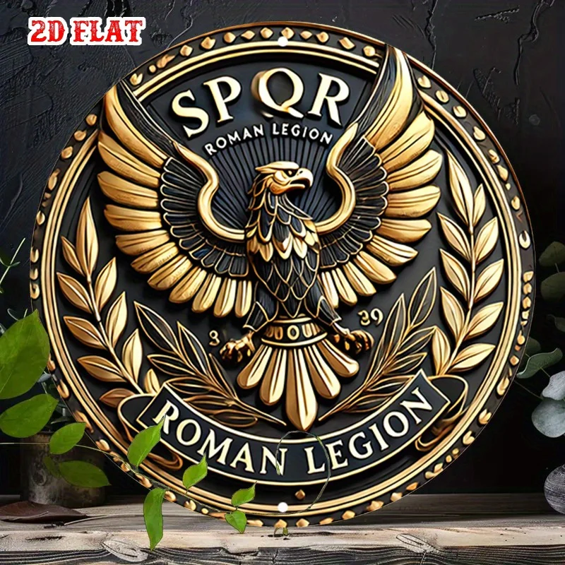 1pc SPQR Roman Legion Eagle Emblem Round Aluminum Sign - 19.99x19.99 cm Vintage Metal Wall Art with Black & Golden Accents, Dura