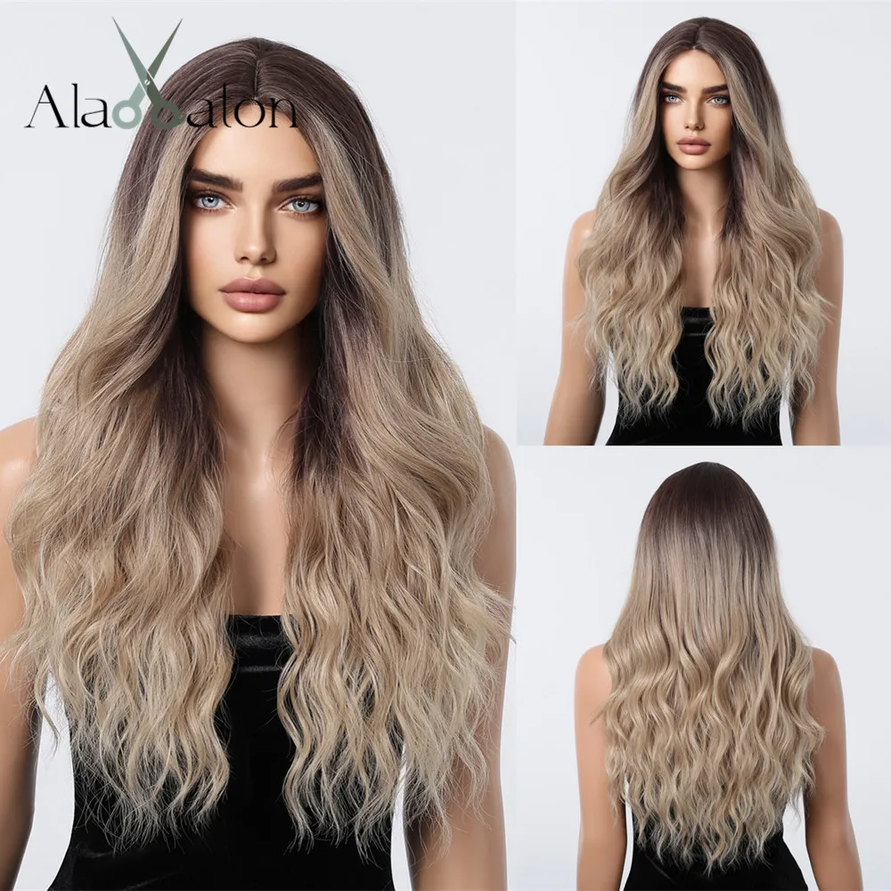 ALAN EATON Brown Blonde Long Wavy Synthetic Wigs Natural Hairline Hair Middle Part Ombre Wig for Women Daily Heat Resistant Wig