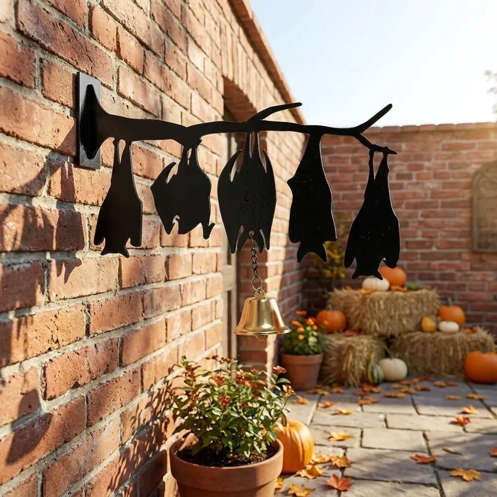 2D Flat Inverted Branch Bat Wind Chime with Bell Gothic Style Hanging Bat Pendant Wall Mount Spooky Halloween Wind Chime Outdoor