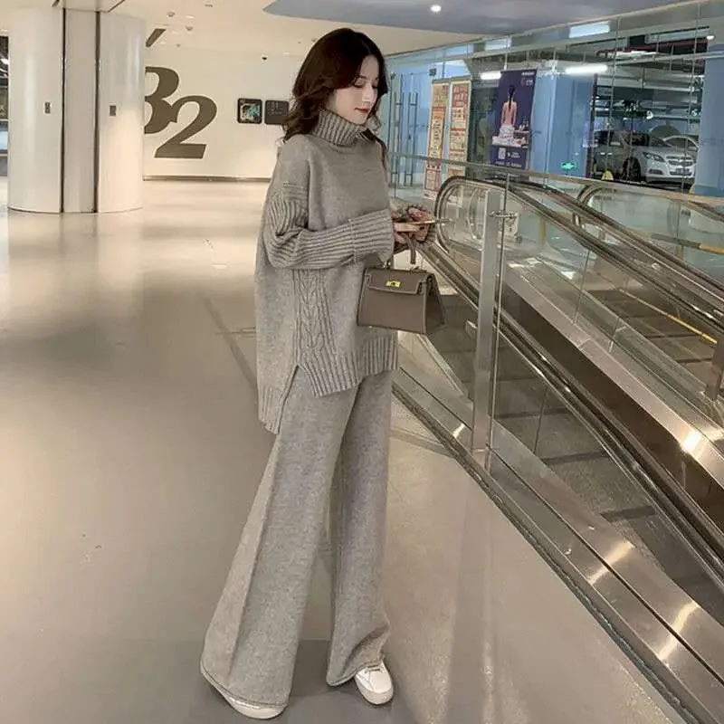 New Noble Sweater Suits Women Korean High-neck Knitting Pullover And Casual Wide Leg Trousers Two-piece Sets Winter Sweaters Set