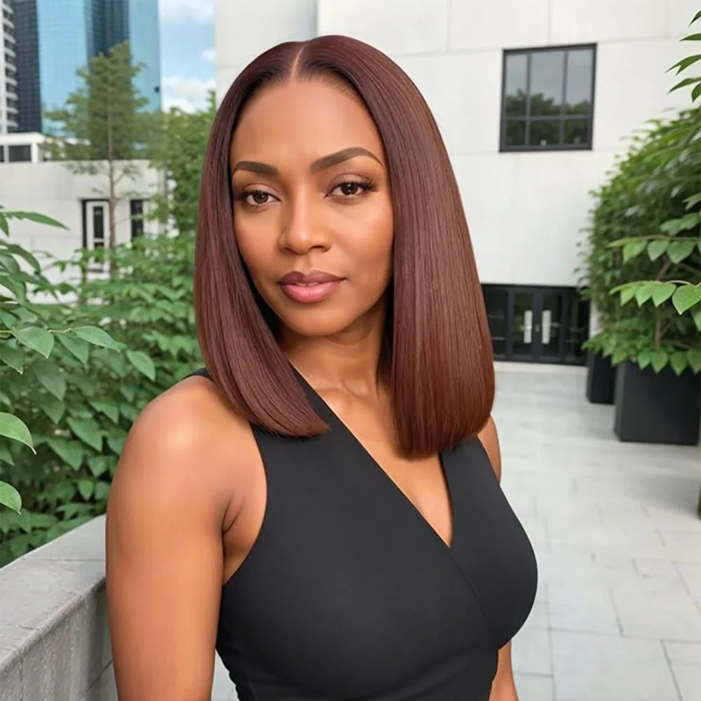 

4# Chocolate Brown Straight Short Bob Wig 13x4 Transparent Lace Frontal Wig 100% Brazilian Human Hair Wig 180 Density For Women