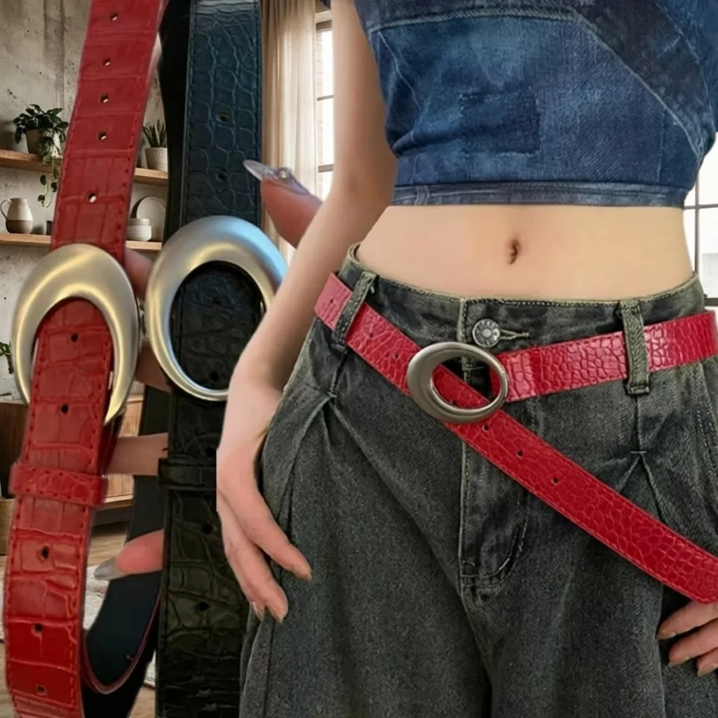New Fashion Adjustable Women's Crocodile-patterned Belt Simple Pin Buckle Red Black Waist Belt Imitation Leather Dress Waistband