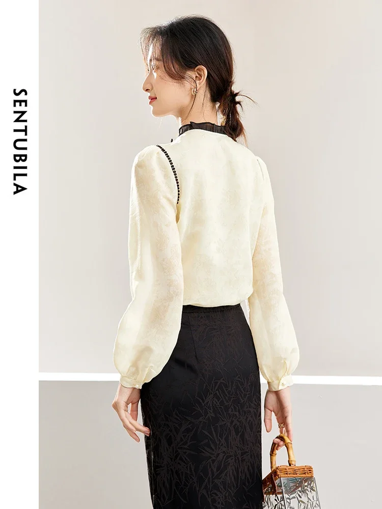 SENTUBILA レディース カジュアル シャツ 2025 秋 中国風 高級 ジャカード フリル ボタンアップ レディース ブラウス パーティー トップス 141C53085