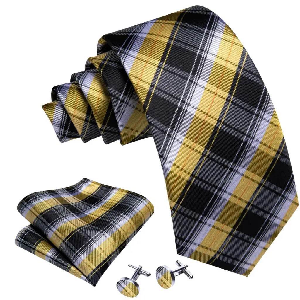 Classic Black Yellow Silk Tie For Men With Pocket Square Cufflink Set Plaid Woven Necktie Business Designer Party Barry.Wang