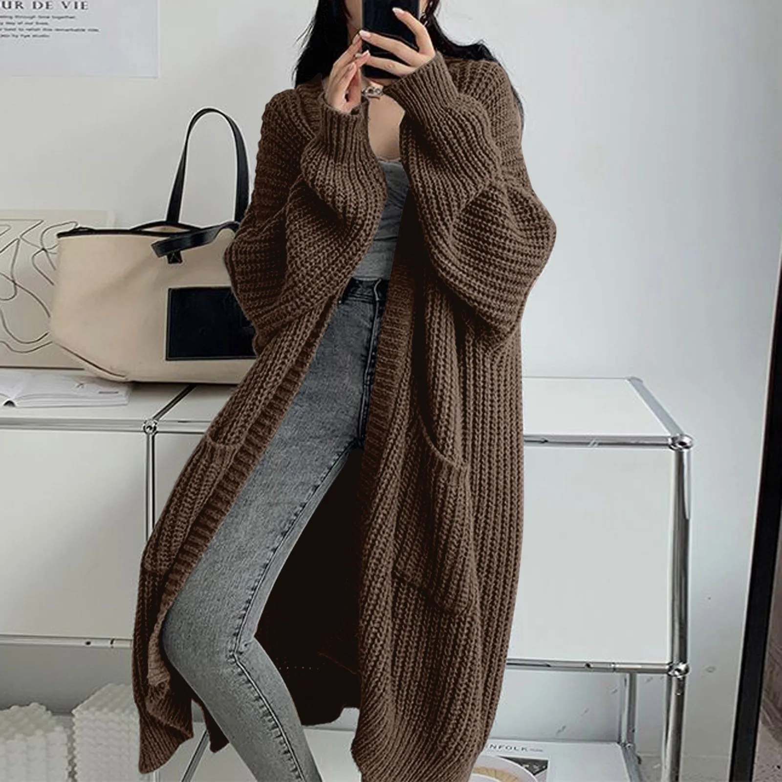 Women\'s Long Cardigan solid color autumn winter clothes Knitted fluffy long sleeve Cashmere sweater coat Lazy style warm vintage