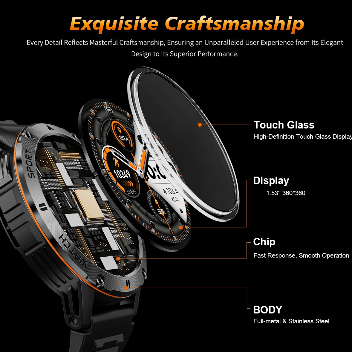 DAORKOW 아웃도어 밀리터리 스마트 워치 남성용 1.53'' HD 화면 심박수 혈압 블루투스 통화 방수 스마트 워치