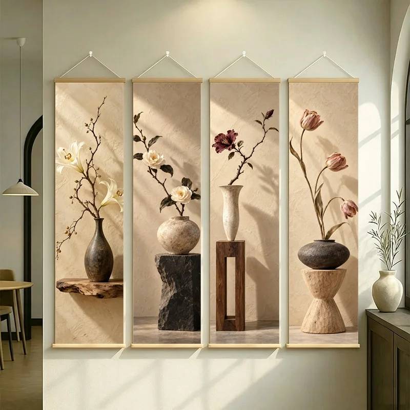 Wall Art Preserved Lily and Preserved Hibiscus, Calm Wabi-Sabi Silver Shimmer Canvas Hanging Scroll for Peaceful Spa Room