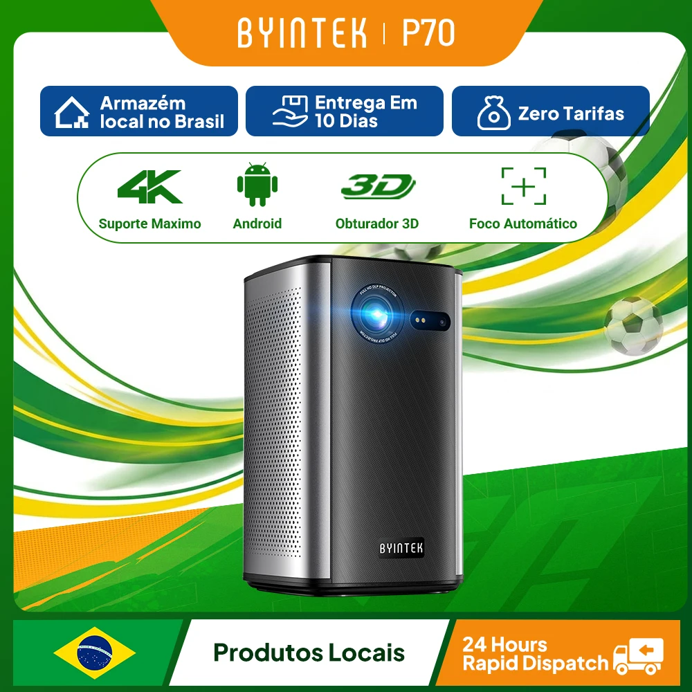 BYINTEK P70 Projetor 4K 1080P DLP Mini Projetor Portátil Home Theater Inteligente Wi-Fi e Bluetooth para Filmes e Jogos Com Bateria