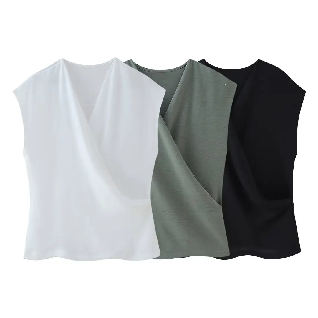 

HH TRAF Summer Women's New Chic Solid Dew Shoulder V-Neck Sleeveless Vest Top Woman Slim Casual Tops Street Wear 3 Colors Mujer