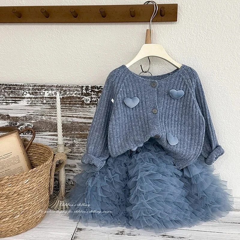 Korean Kids Heart Deco Knitwear Top Fashion Tulle Ballet Half Skirts 2 Pieces Outfit Autumn Winter Girl Clothes Set