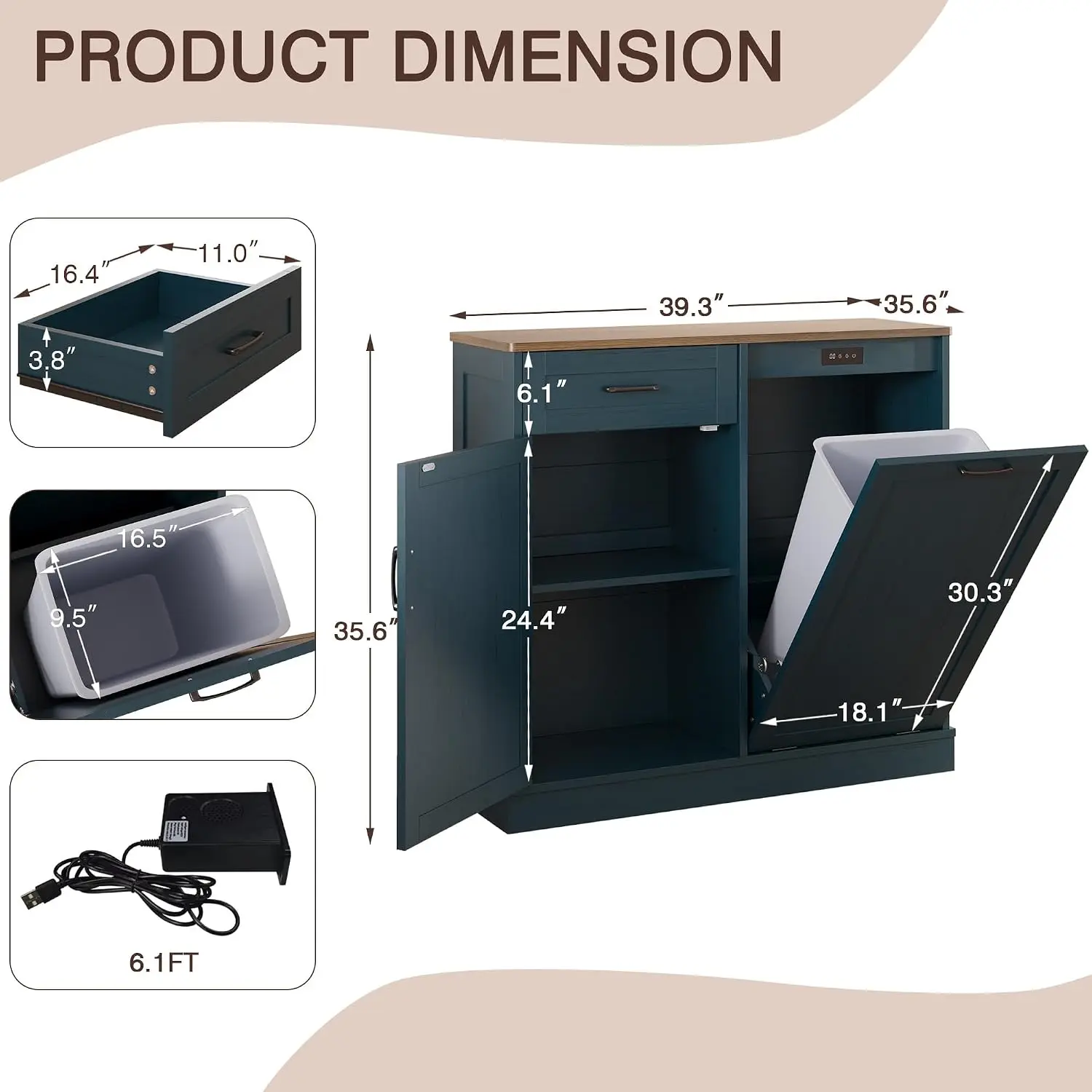 Double Tilt Out Trash Cabinet Kitchen Island with Pull Out Storage Wood Dog Proof Garbage Bin 10 Gal, Customized