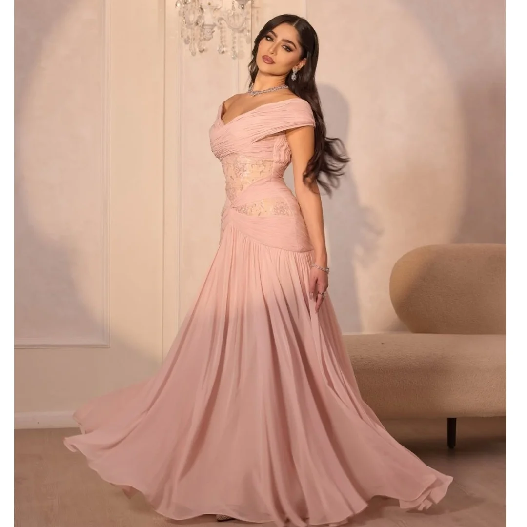 

Vintage Pink Mermaid Evening Gowns Off Shoulder Chiffon Formal Party Wear Customized Stunning Lace Pleats Prom Dresses