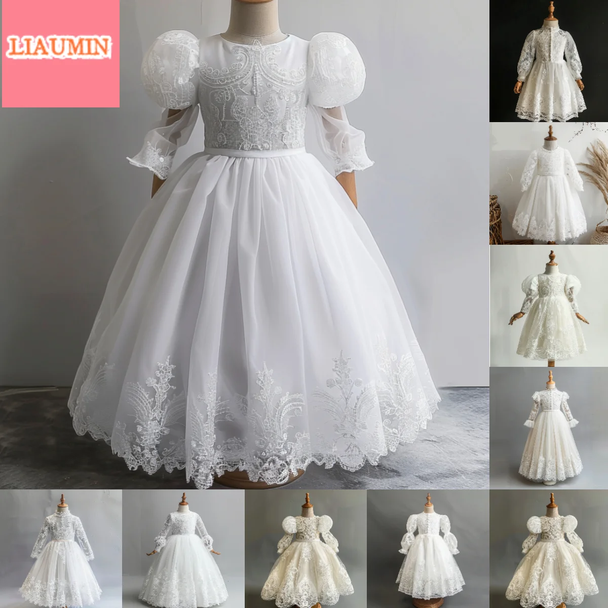 

Custom White Lace Puffy Sleeve Floor Length Flower Girl Dresses Brithday Party Princess First Communion Pageant Kids Skirt W8-37