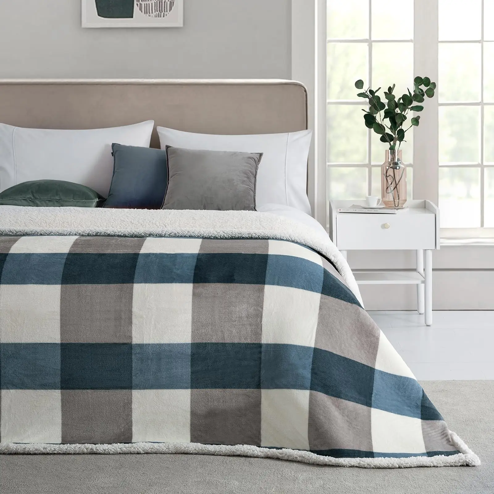 Sherpa Fleece Throw Blanket Reversible Plush Fluffy Lattice Flannel Blankets for Sofa Couch Bed Grey Soft Blue