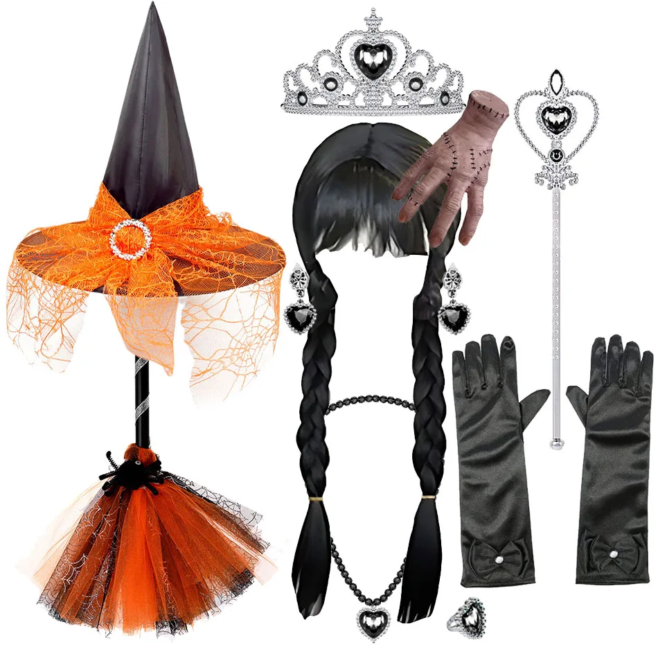 Kids Halloween Costume Children Black Witch Broom and Hat Girls Wednesday Cosplay Wig Thing Hand Stockings Princess Party Supply