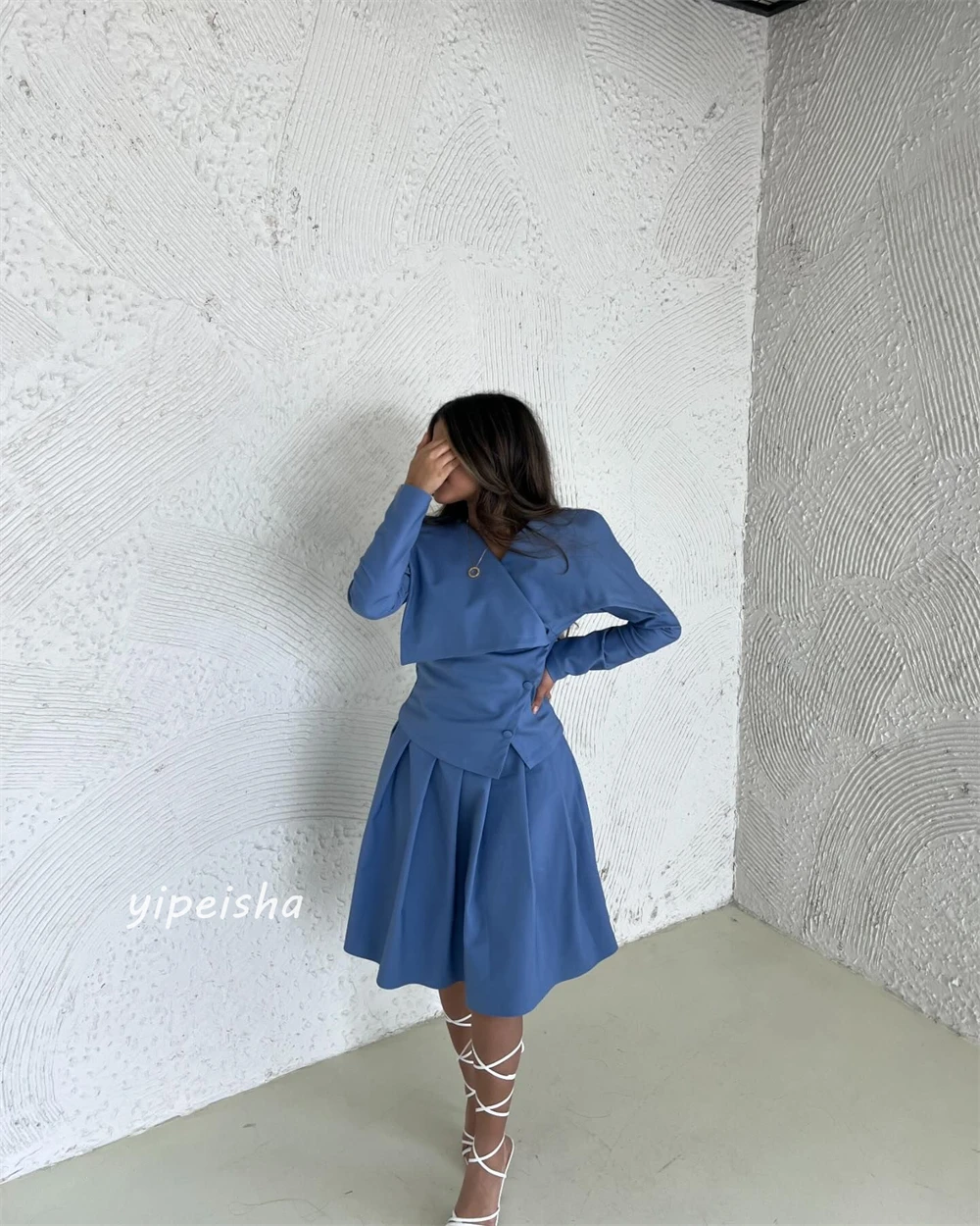 Jiayigong Sparkle Exquisite  Evening Jersey Button Ruched Cocktail Party A-line V-neck Bespoke Occasion Gown Midi Dresses