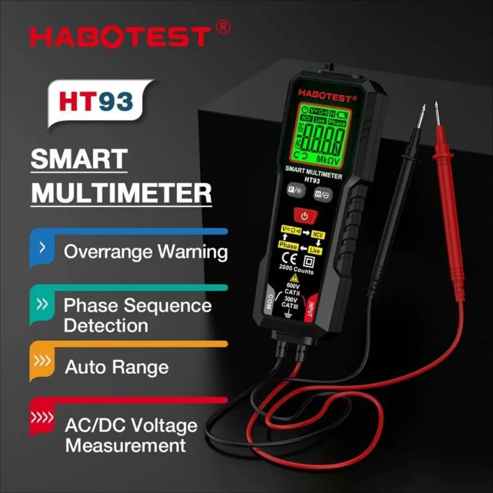 HABOTEST HT93 Digital Multimeter Voltage Tester 2000 Counts AC/DC Volt Meter True RMS NCV Phase Test Auto-Ranging Multimetro
