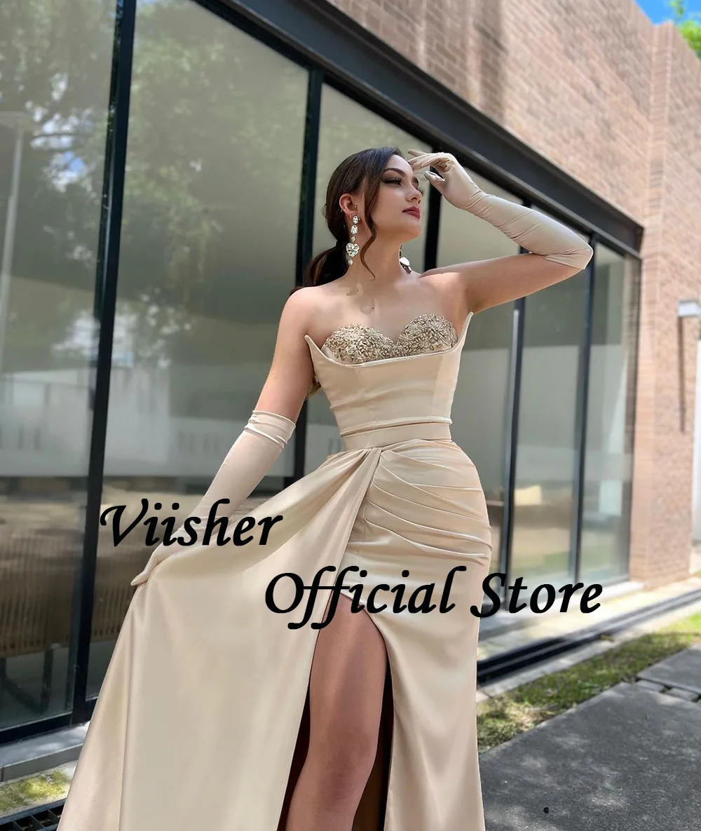 Viisher Khaki Satin Mermaid Evening Dresses with Slit Beads Sweetheart Women Prom Party Dress with Train Formal Event Gowns