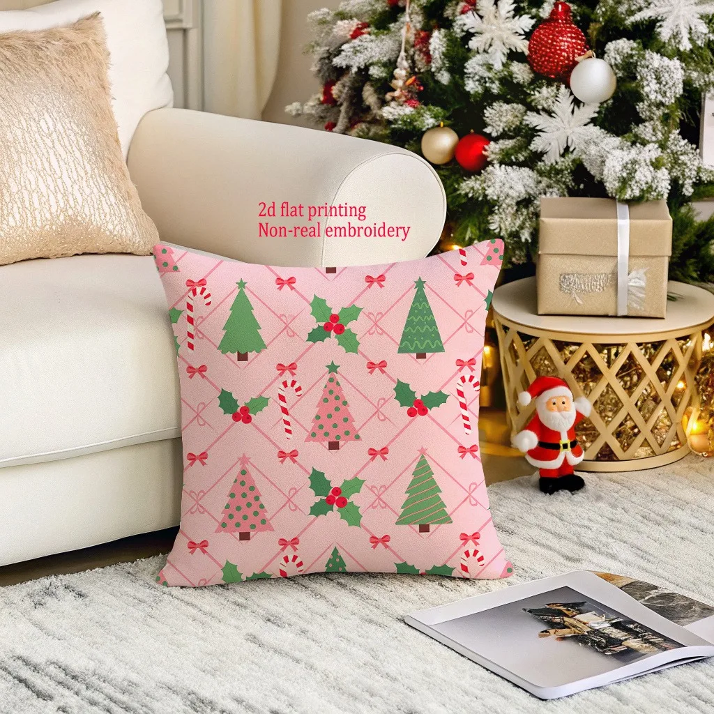 ¡fundas de almohada Festivas con estampado de arbol de Navidad rosa para un acogedora decoración navideña! فوندا دي كوجين #5