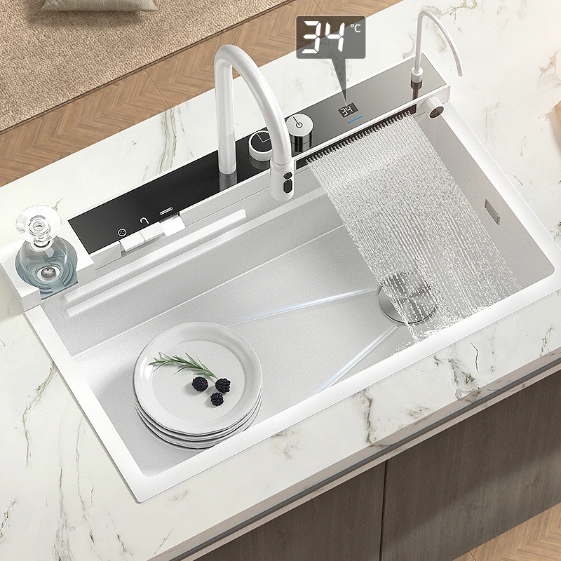 

Stainless Steel White Kitchen Sink Smart Waterfall Sink for Kitchen Dishwasher Nano Large Washbasin Multi Function Sink Products