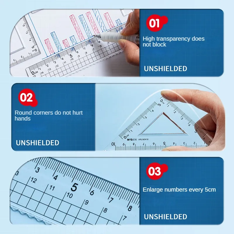 M&G 4 Pcs Ruler Set Student Exam Drawing Acrylic Set 15cm Ruler+Triangular Ruler*2+Protractor School Stationery Exam