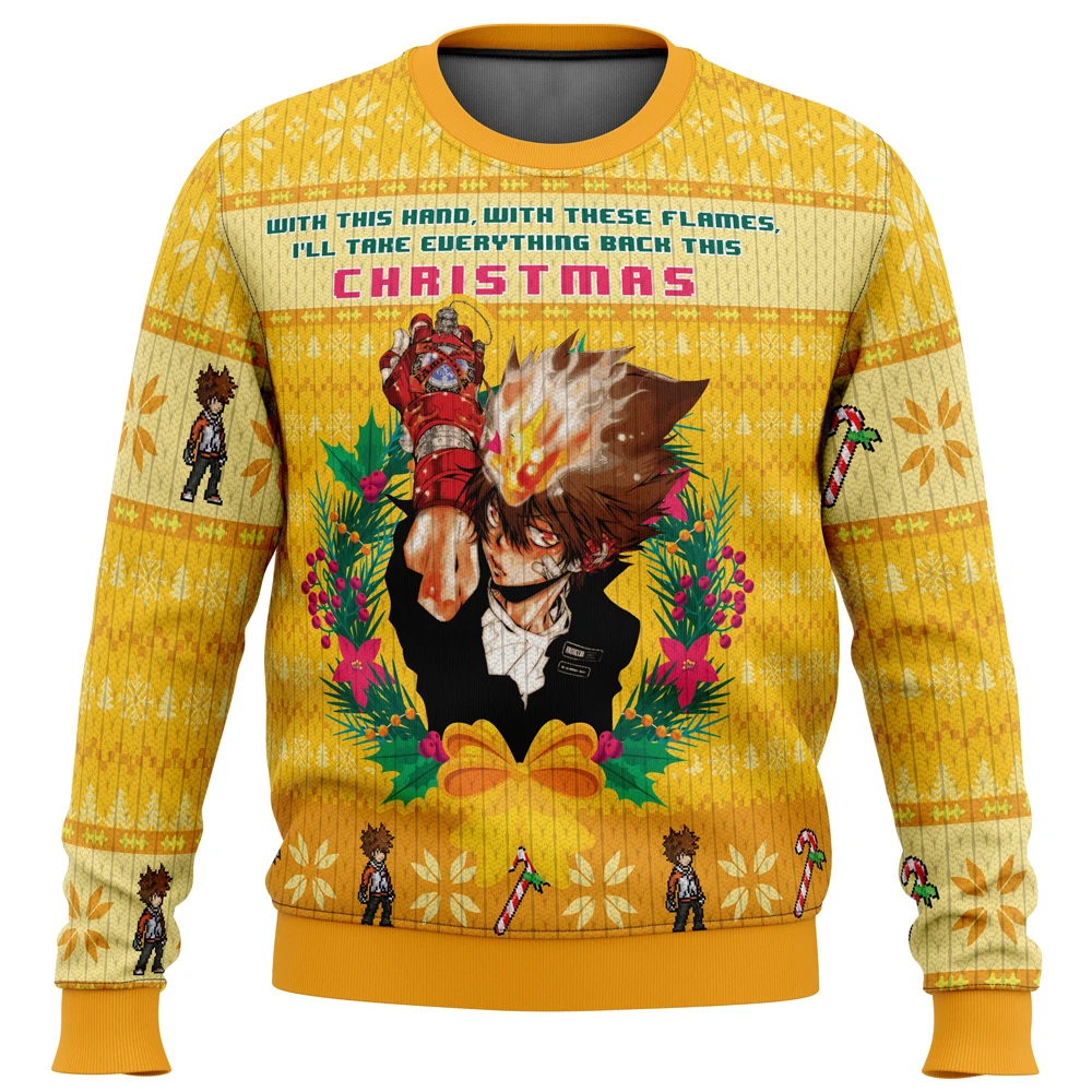 With This Hand,With These Flames Katekyo Hitman Reborn Ugly Christmas Sweater Gift Santa Claus Pullover Men 3D Sweatshirt And