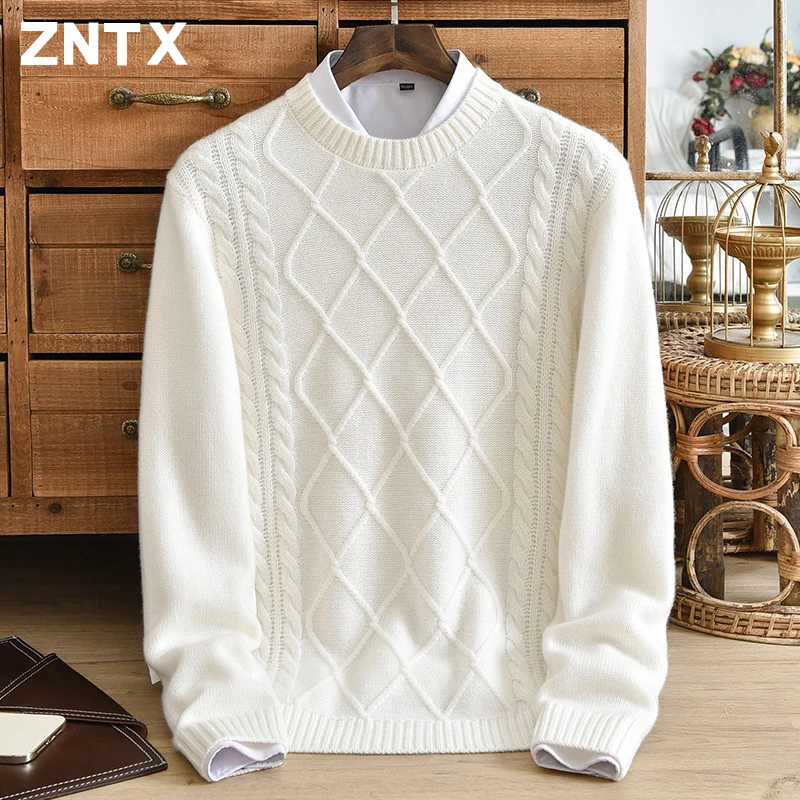 New Men\'s Pure Cashmere Sweater Round Neck Three Strand Super Thick Diamond Stripe Jacquard Winter Warm Twisted Flower Knitted